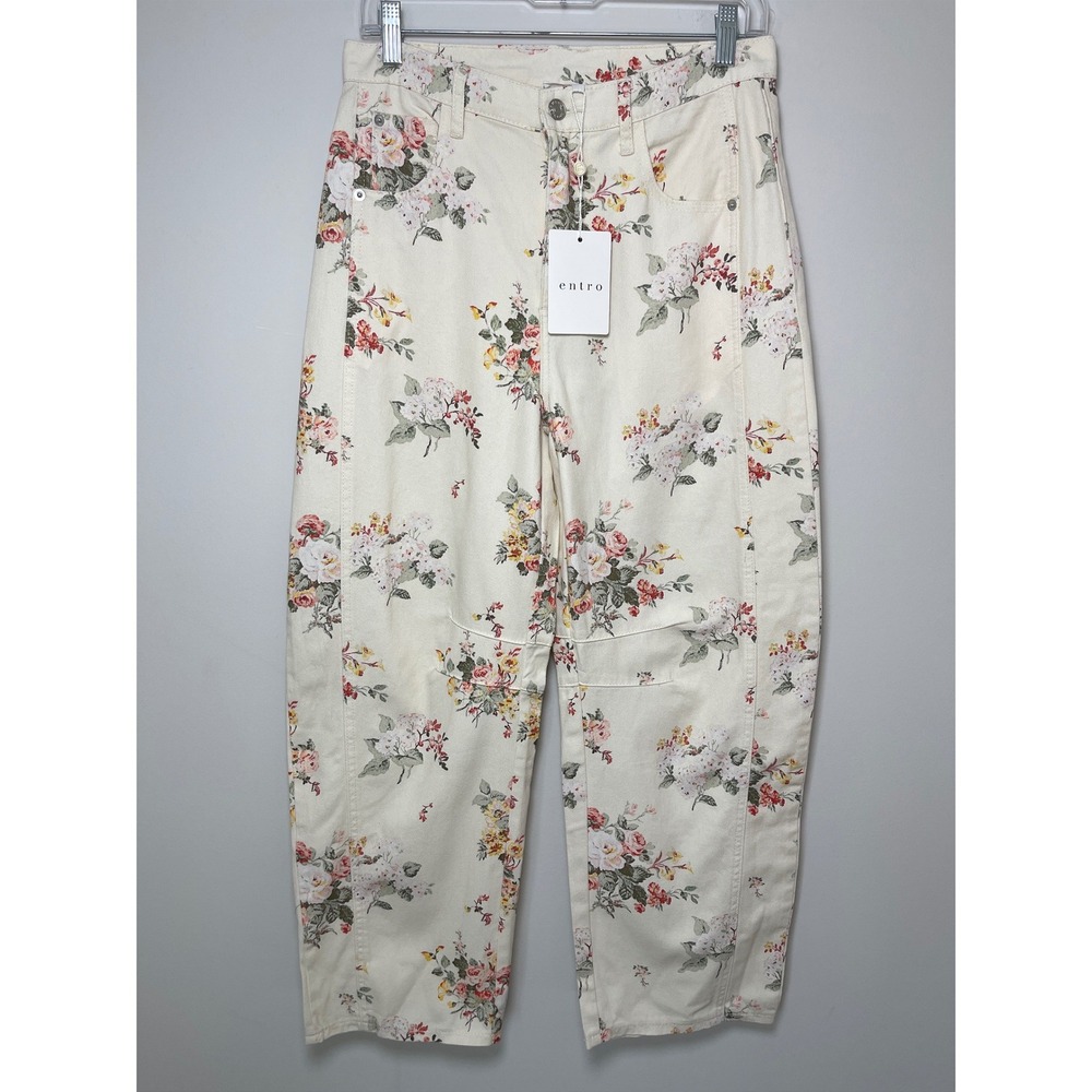Entro Dorthey Pants Cream Floral Print Barrel Leg High Waist Twill Size Medium